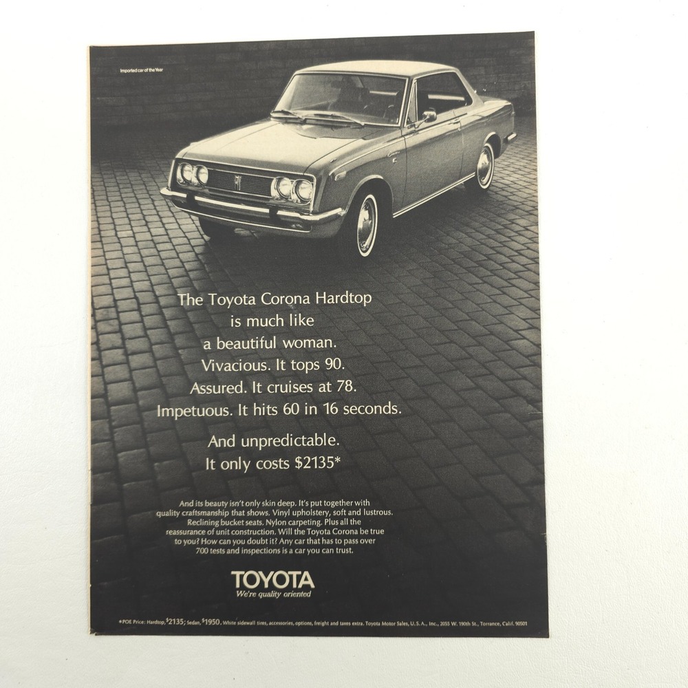 VTG 1969 Toyota Corona Hardtop Advertising Print Ad Garage Wall Art Japan JDM